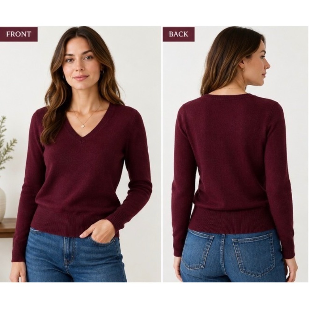Neiman Marcus 100% Cashmere Collection Sweater Womens L Burgundy V Neck Pullover